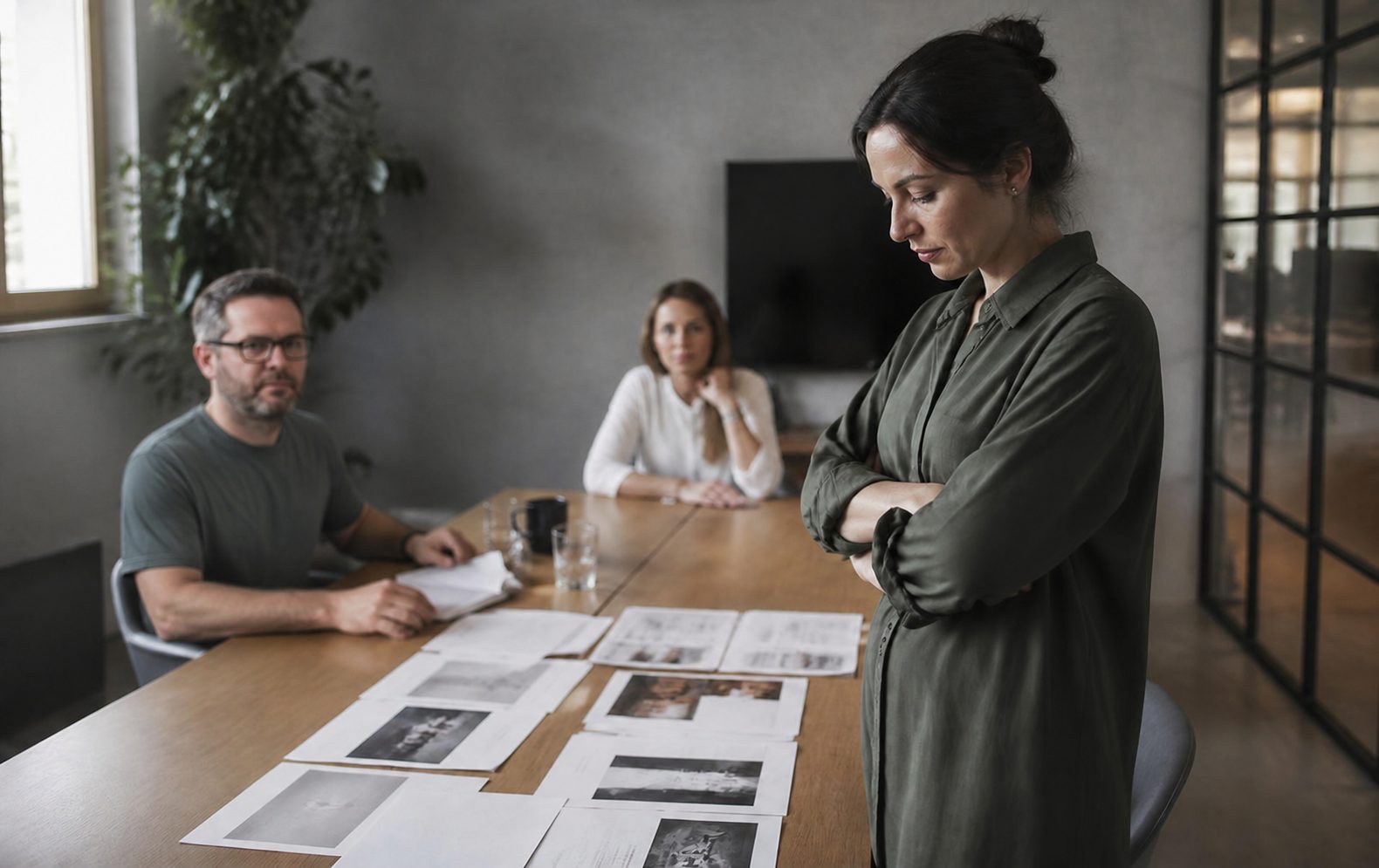 Une responsable, debout au bout d'une table de réunion, examine des documents étalés devant elle.