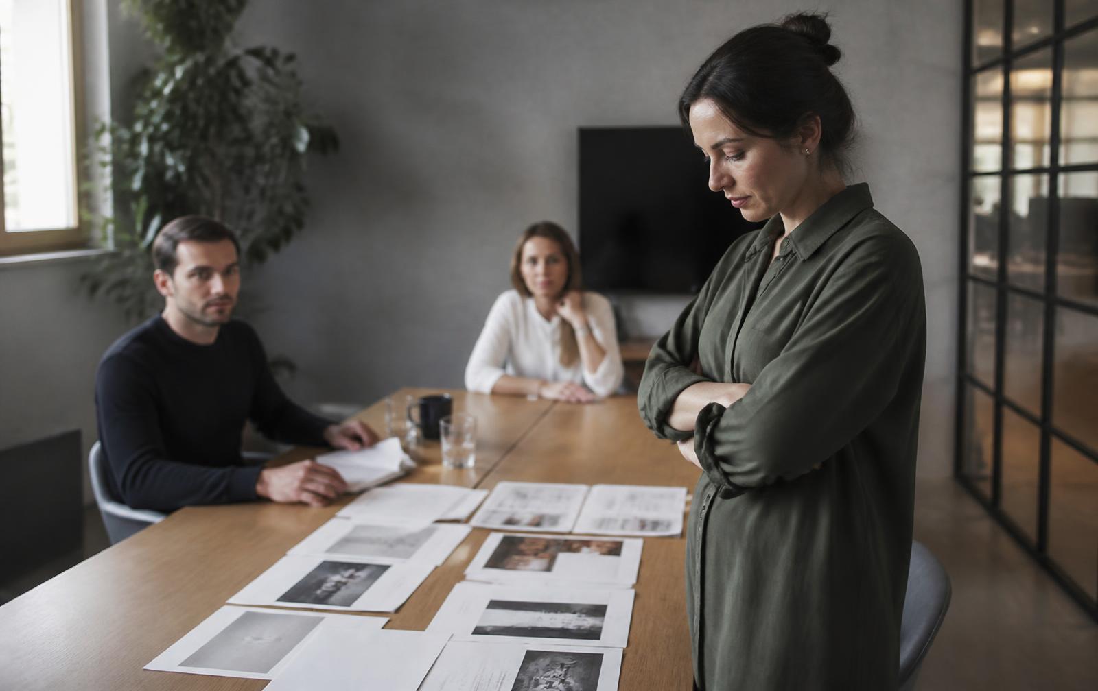 Une responsable, debout au bout d'une table de réunion, examine des documents étalés devant elle.