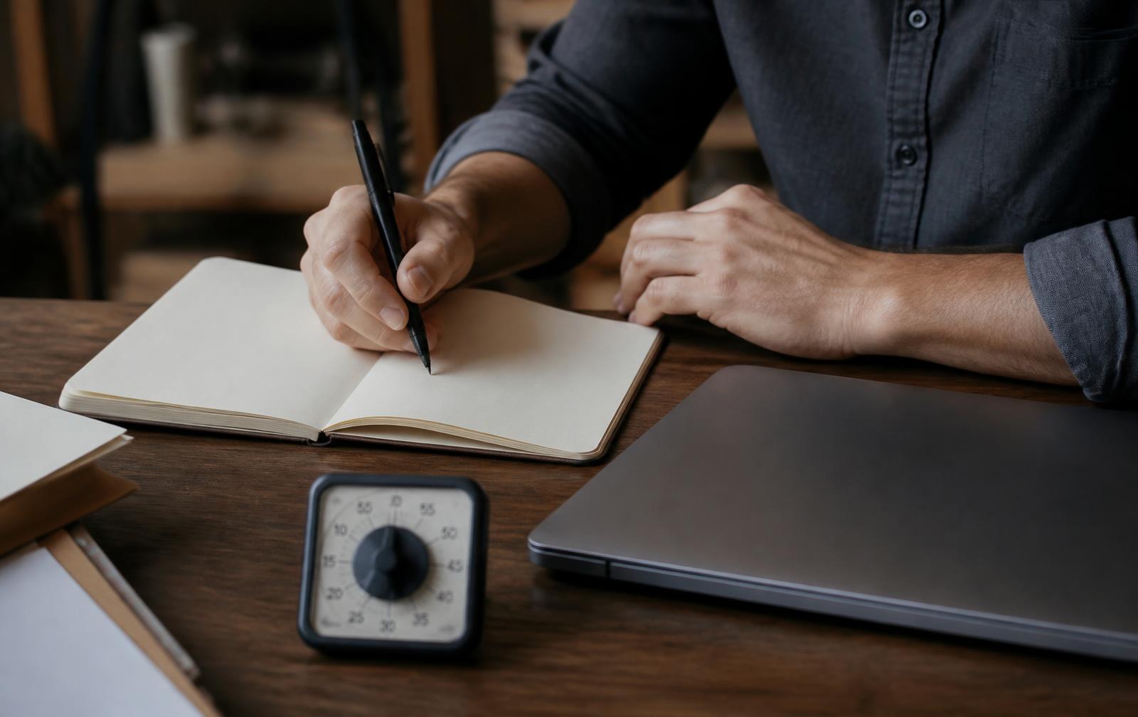 Les mains d'une personne notent quelques lignes sur un carnet posé près d'un ordinateur portable fermé et d'un minuteur.