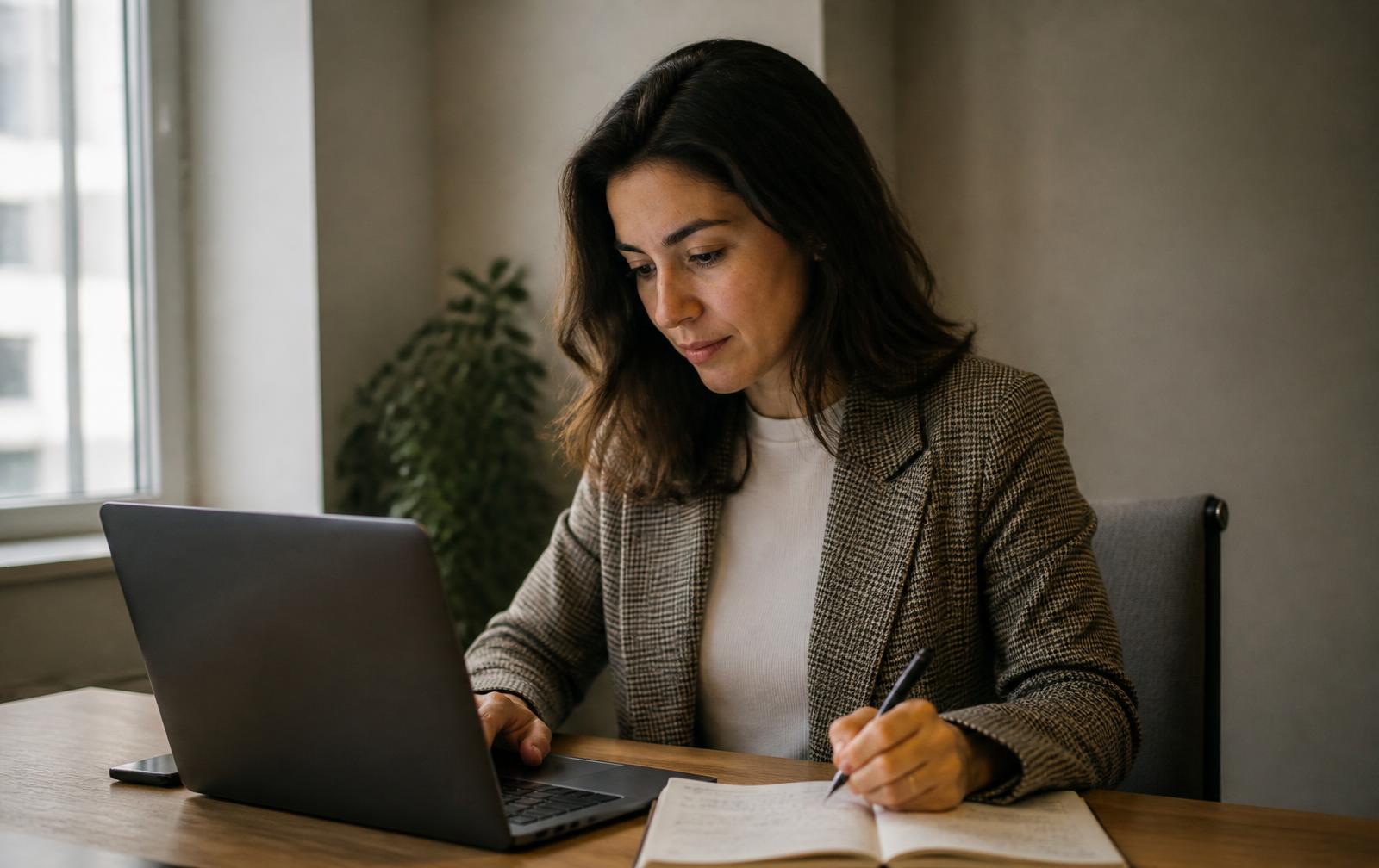 Une professionnelle travaille sur son ordinateur portable dans un bureau clair, un carnet de notes ouvert à côté d'elle.