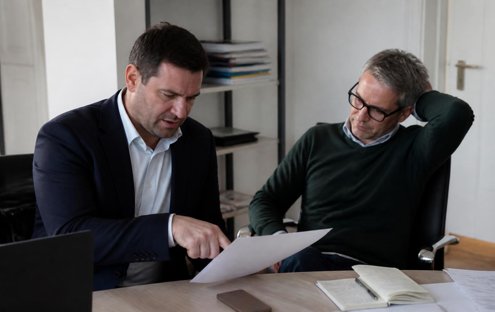 Deux professionnels examinent le même document imprimé de part et d'autre d'une table de réunion, avec des lectures visiblement différentes.