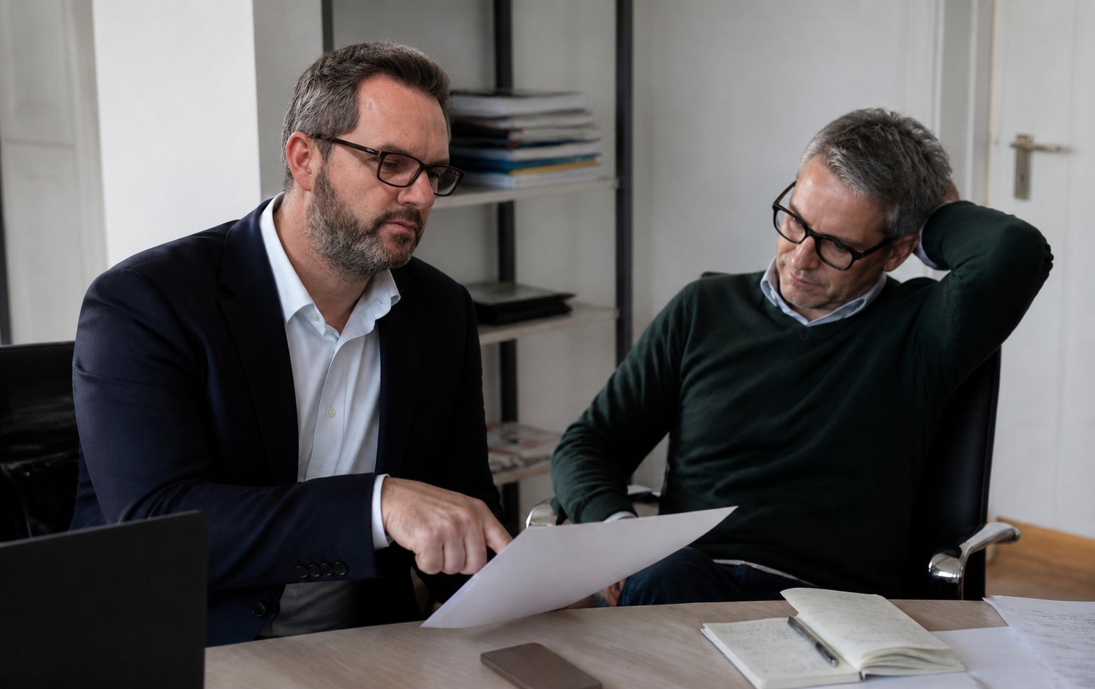 Deux professionnels autour d'une table de réunion examinent un document, l'un pointant une section du doigt, l'autre l'écoutant avec une posture réflexive.