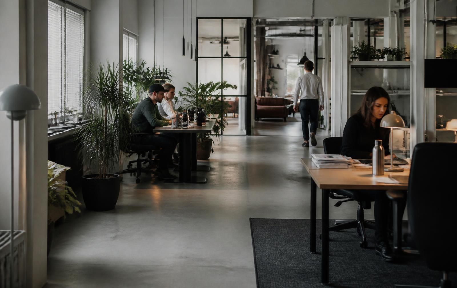 Vue d'ensemble d'un bureau contemporain où plusieurs personnes réalisent des tâches différentes.