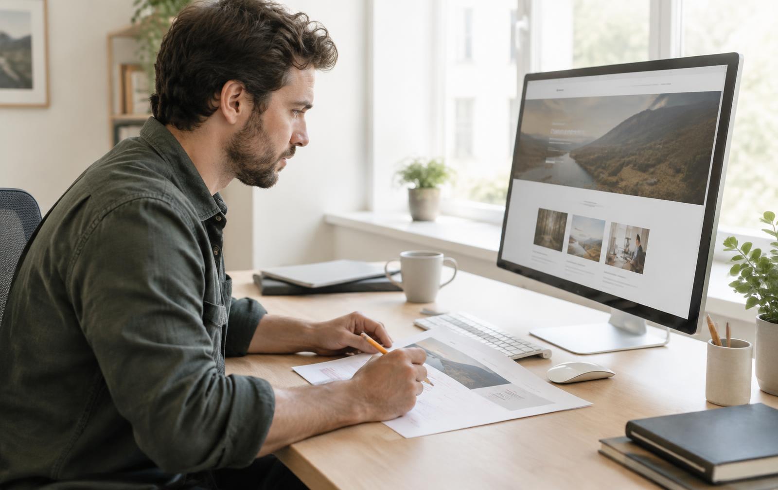 Un rédacteur web relit une page d'entreprise sur un grand écran et annote une version imprimée au crayon.