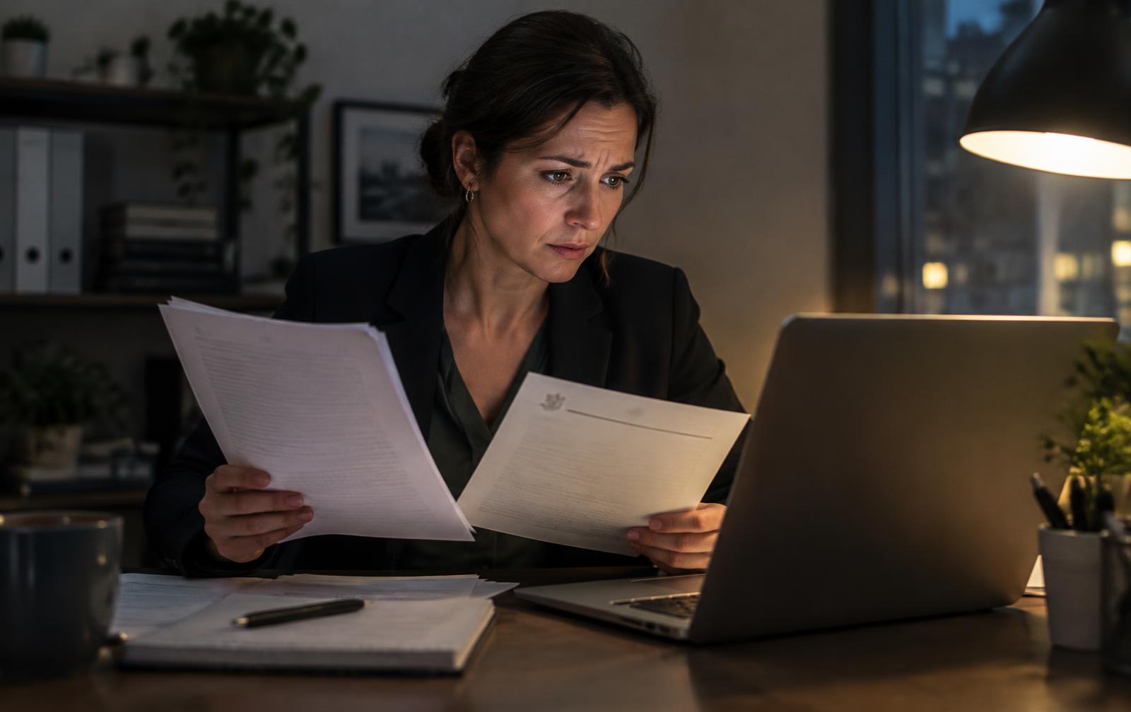 Une dirigeante lit avec inquiétude une réponse sur son ordinateur, des documents officiels de son entreprise en main.