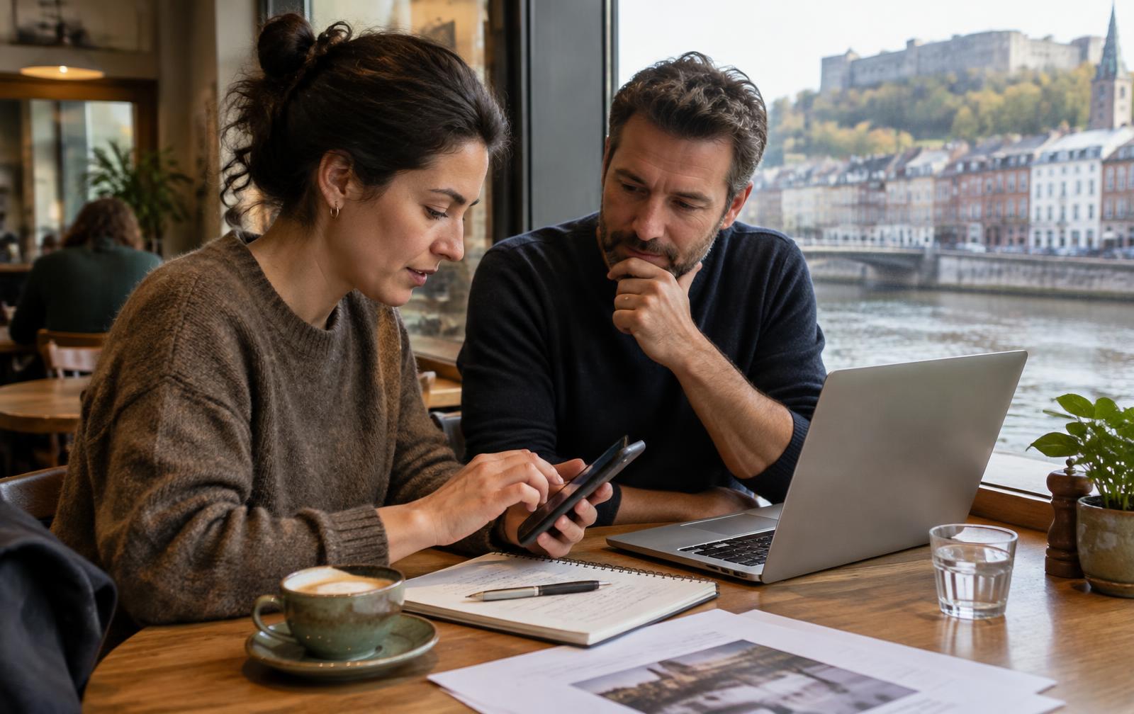 Deux entrepreneurs discutent à une table de café au bord de la Meuse, l'une tapant une question sur son smartphone.