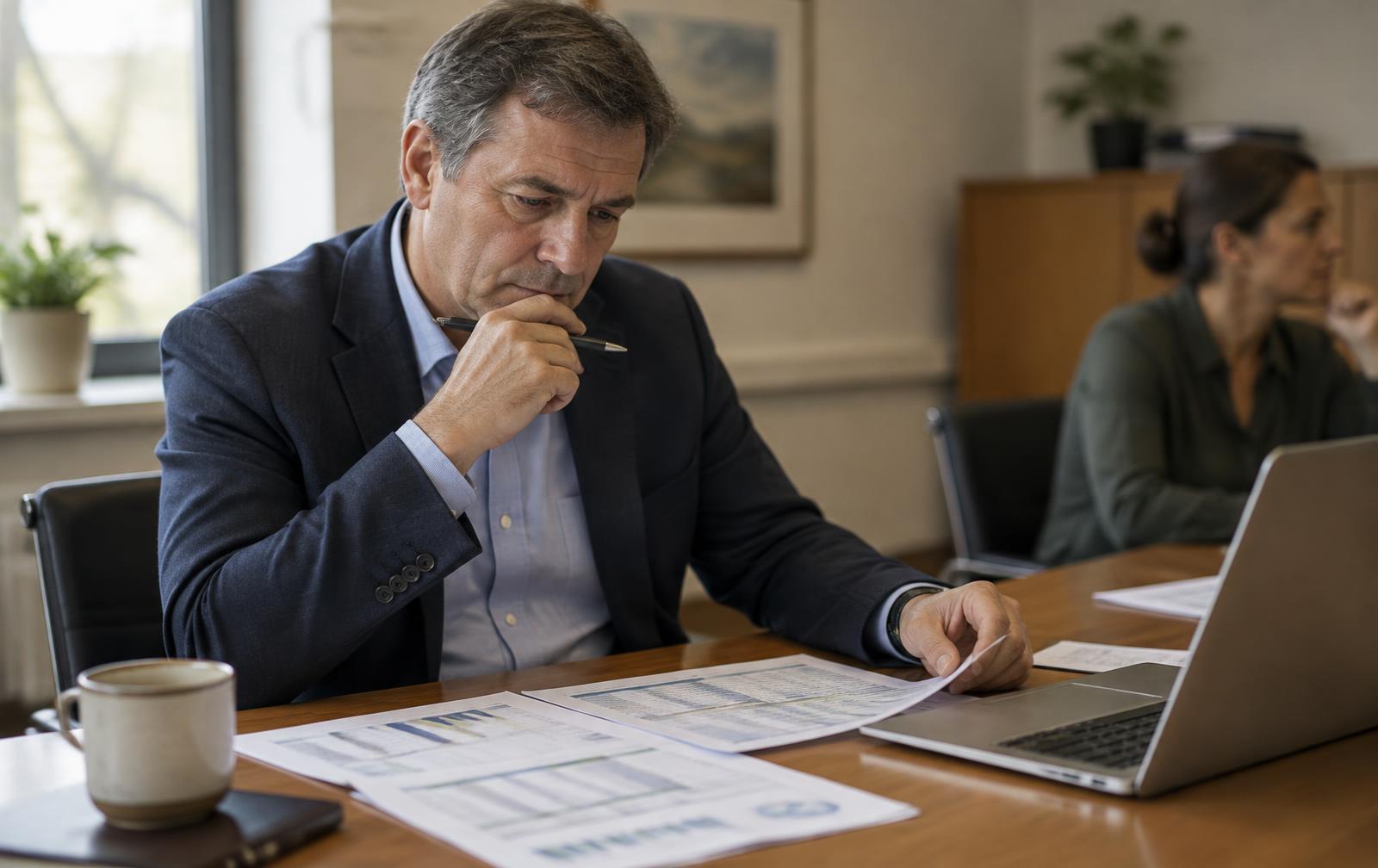 Un dirigeant de PME étudie des tableaux budgétaires imprimés à une table de réunion, une collègue en arrière-plan.
