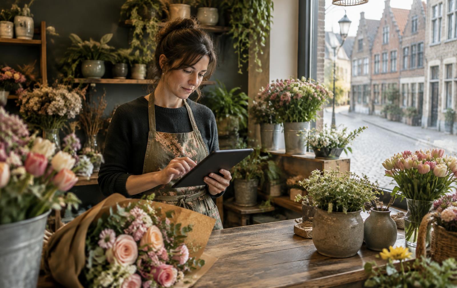 Une fleuriste consulte une tablette derrière le comptoir de sa boutique, une rue pavée visible par la vitrine.