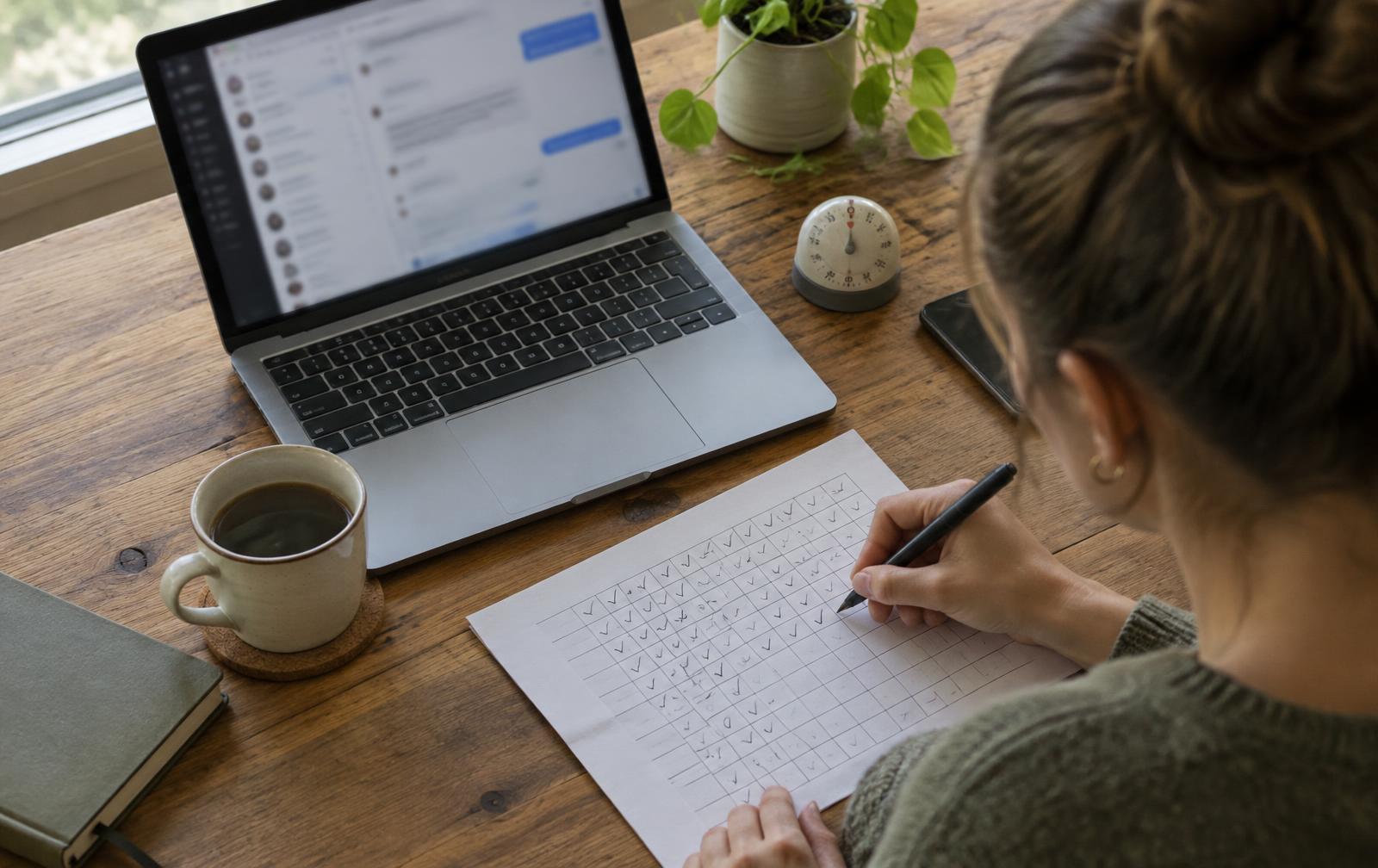 Vue plongeante sur un bureau : une personne remplit une grille de cases cochées à côté d'un ordinateur portable et d'un minuteur.