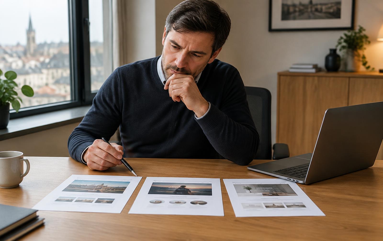 Un responsable marketing compare trois captures d'écran imprimées posées côte à côte sur son bureau, stylo en main.