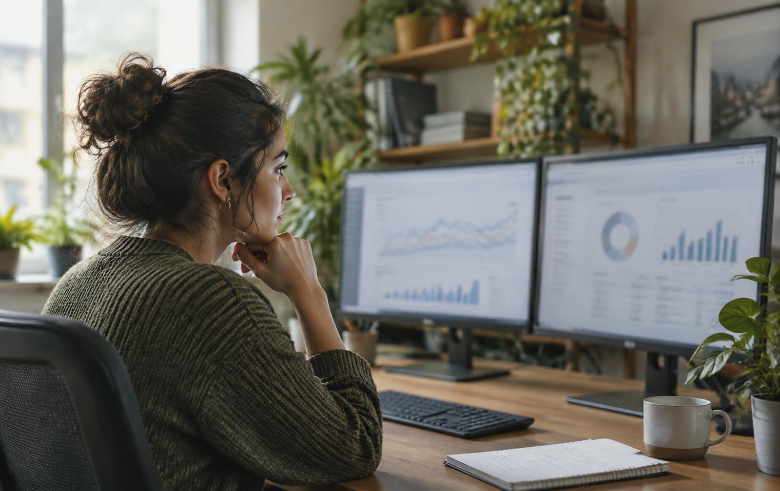 Une analyste marketing compare des graphiques sur deux écrans, le menton appuyé sur la main.