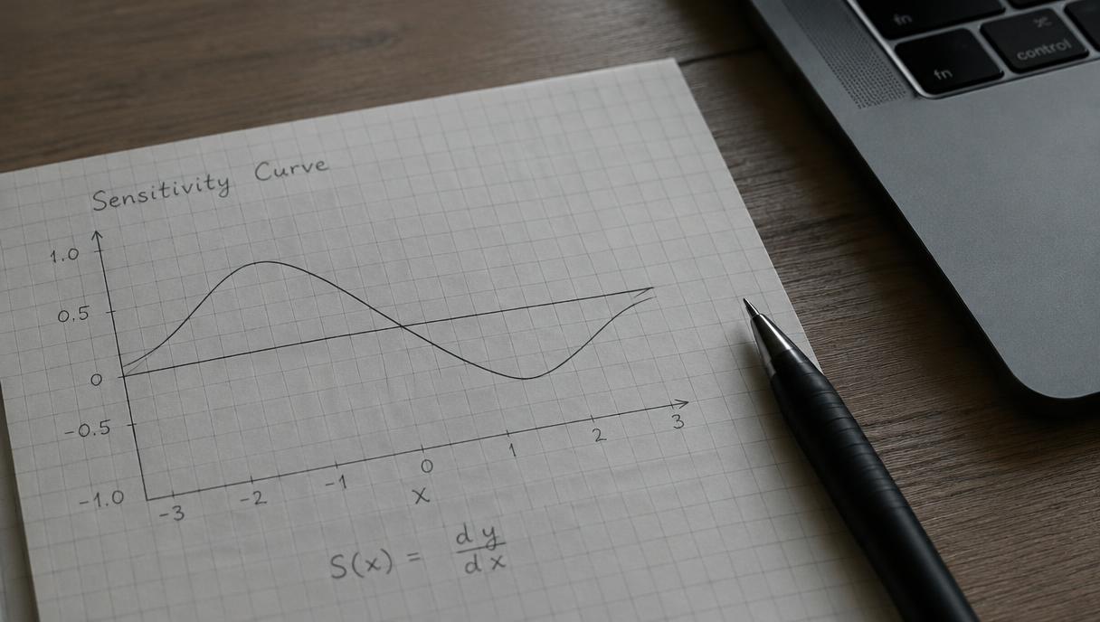 Une courbe de sensibilité tracée à la main sur du papier quadrillé, à côté d'un stylo et d'un ordinateur portable.