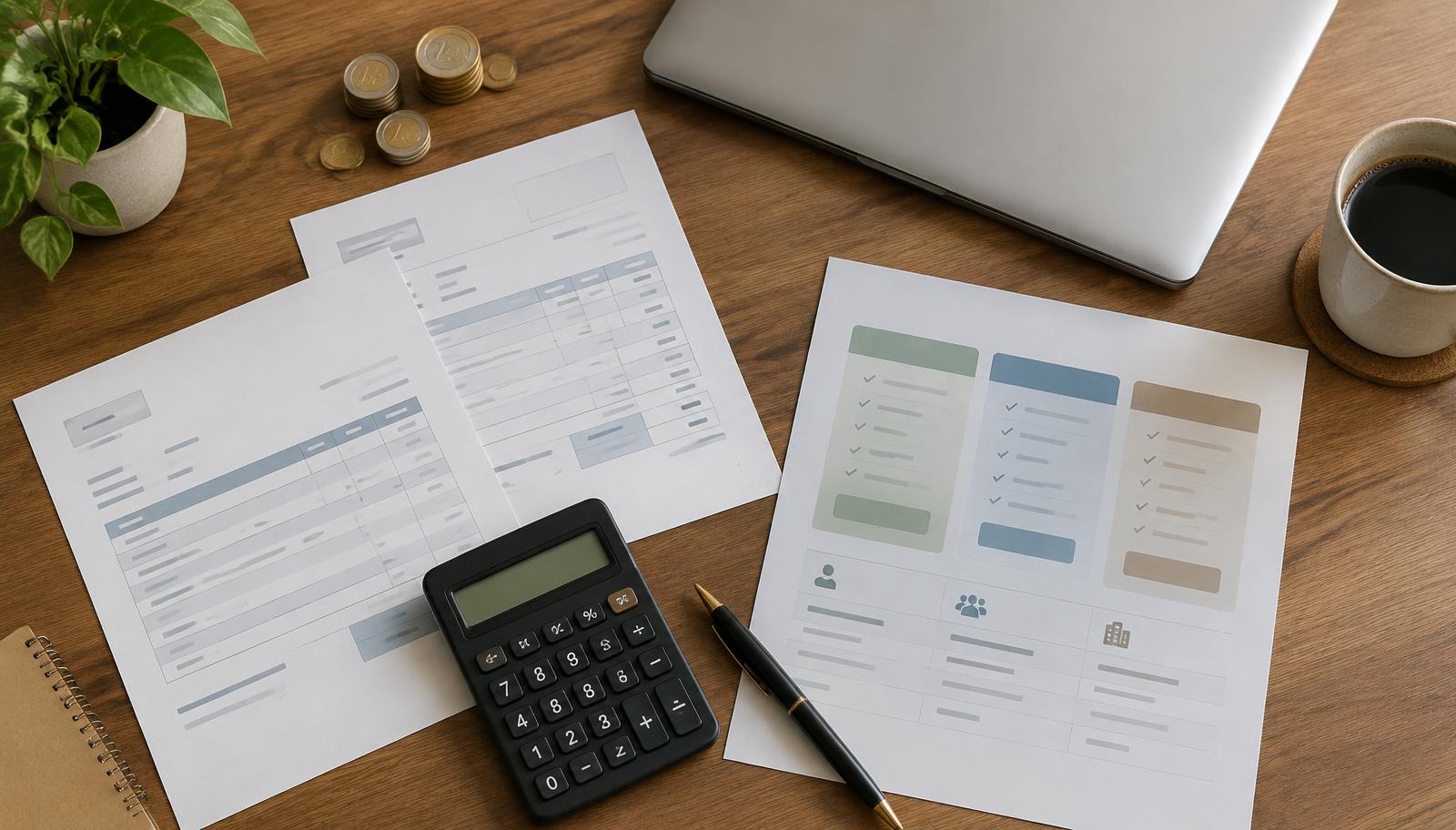 Des factures et des grilles tarifaires imprimées sur un bureau, avec une calculatrice, un stylo et quelques pièces en euros.