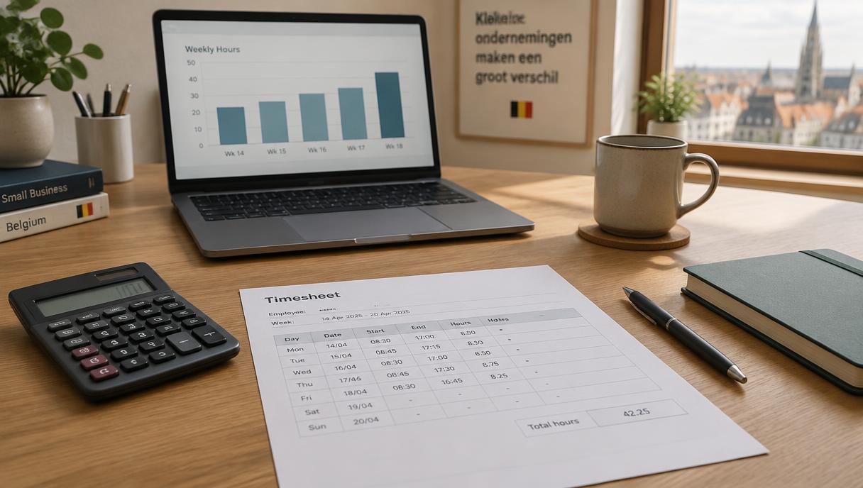 Un bureau de PME avec une feuille de temps, une calculatrice et un ordinateur portable affichant un graphique en barres.