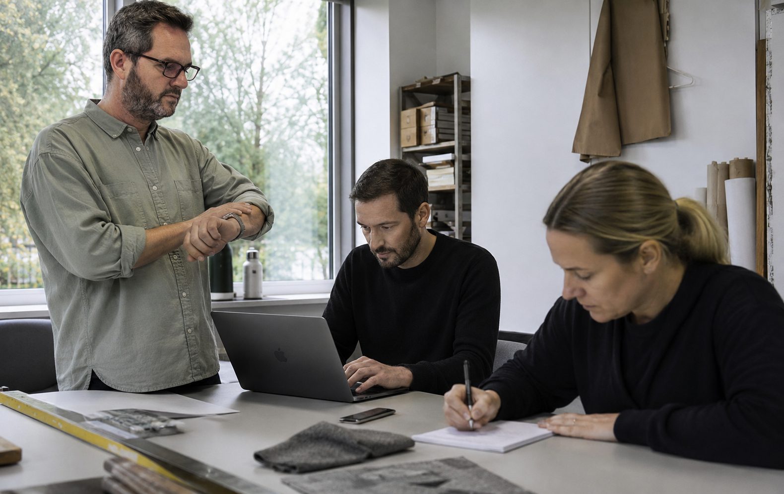 Trois collaborateurs mènent un test dans un bureau d'entreprise : l'une chronomètre, un autre travaille sur un ordinateur portable, la troisième prend des notes.