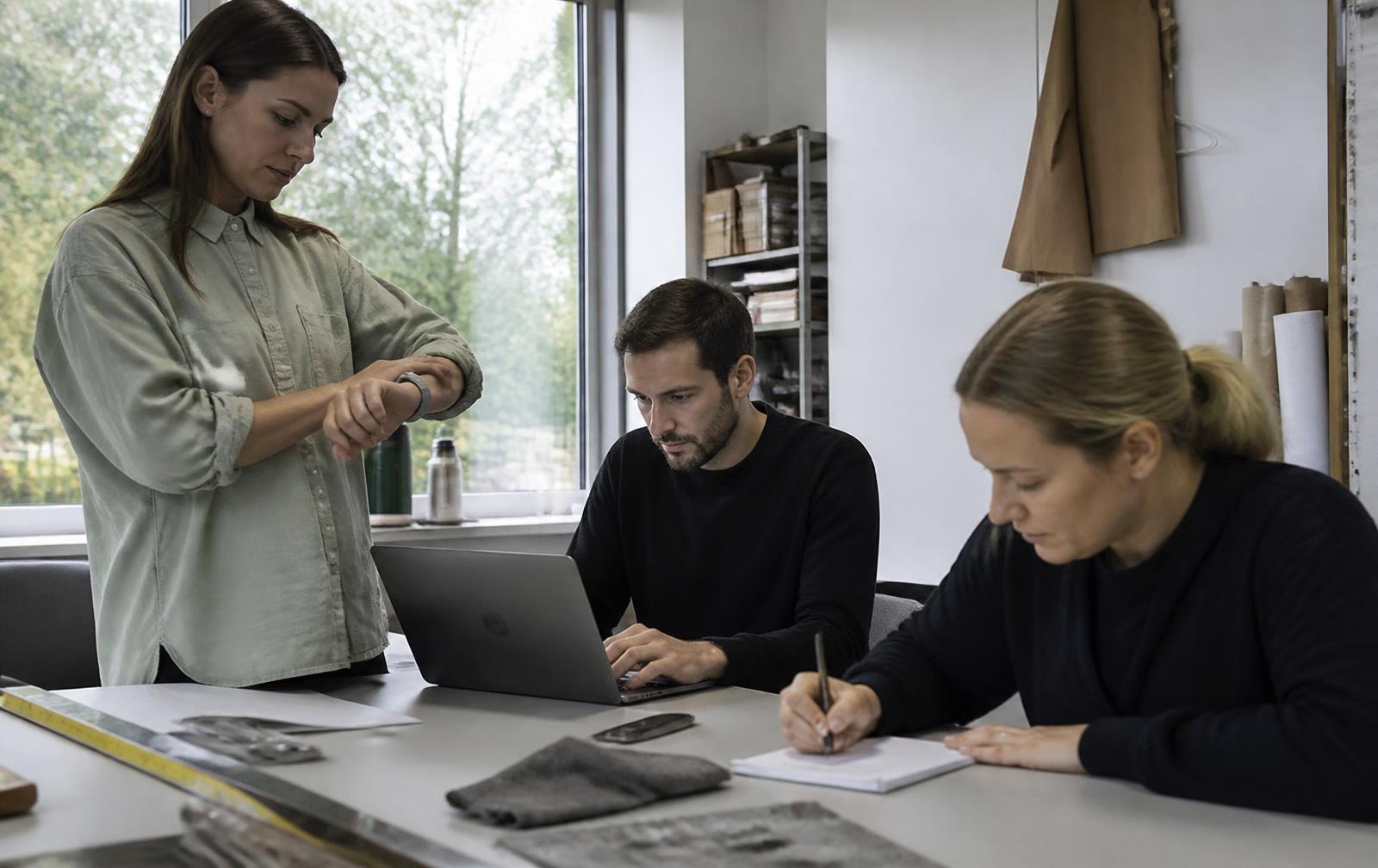 Trois collaborateurs mènent un test dans un bureau d'entreprise : l'une chronomètre, un autre travaille sur un ordinateur portable, la troisième prend des notes.