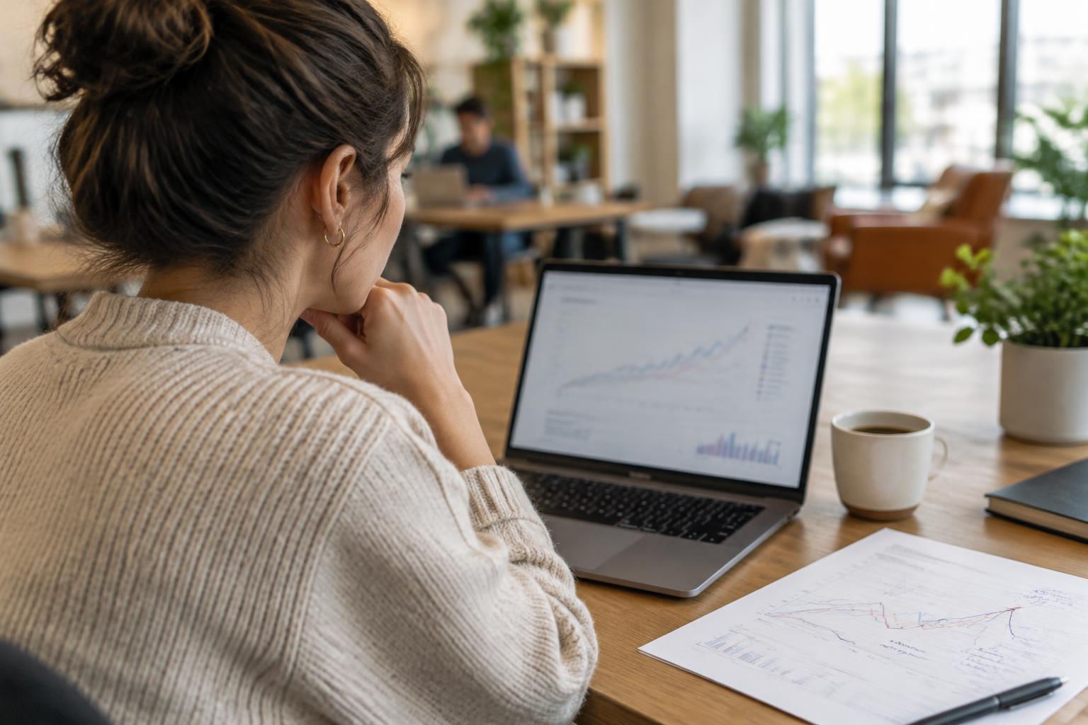 Une responsable web, de dos, examine une courbe sur l'écran de son ordinateur dans un espace de travail lumineux ; un rapport imprimé annoté est posé à côté.