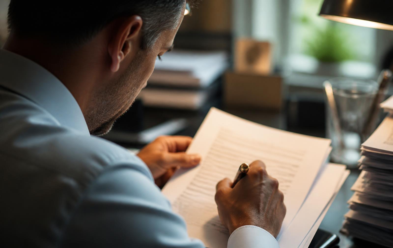 Un homme relit attentivement un document imprimé, stylo en main, sous une lampe de bureau.